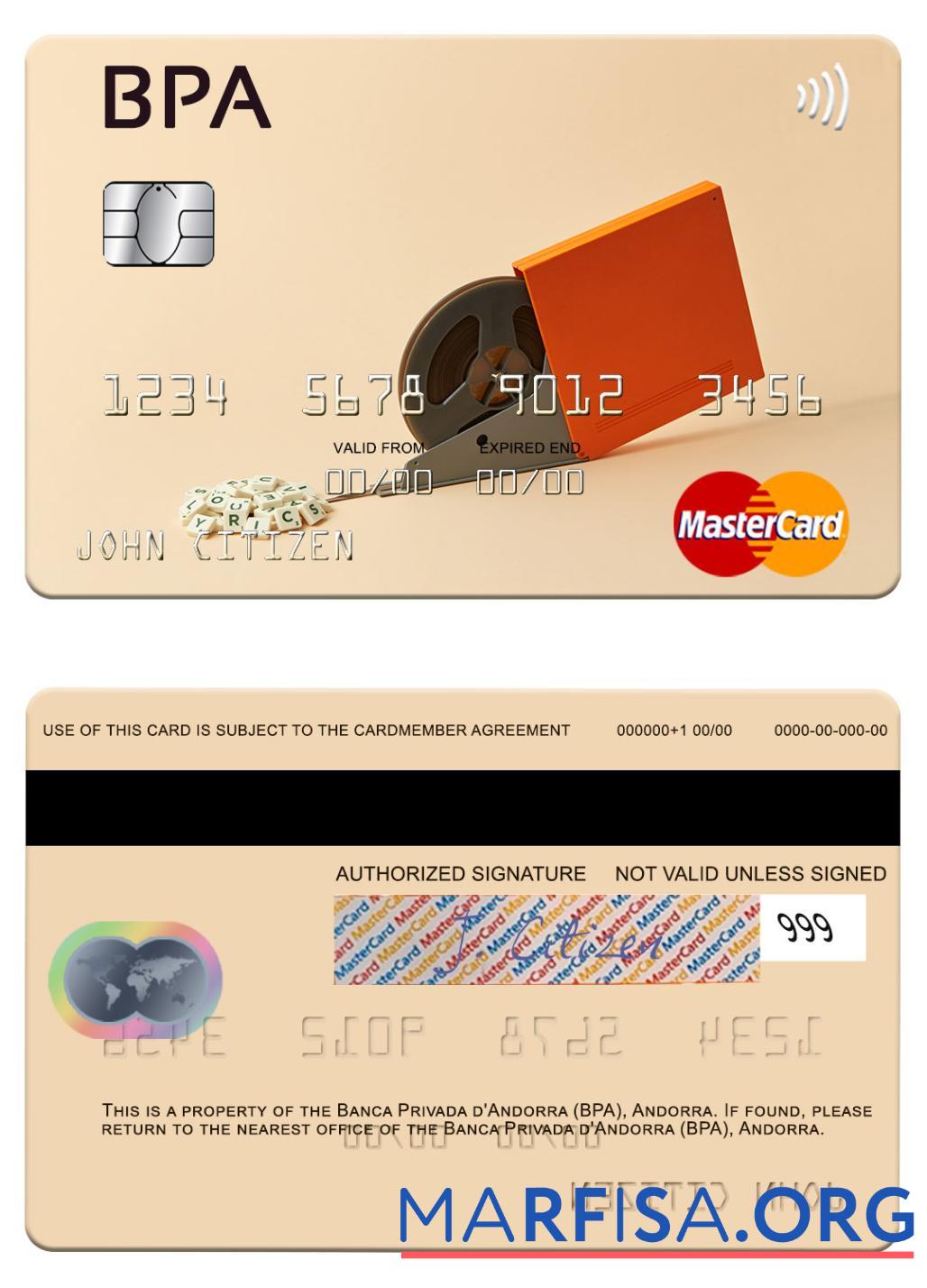 Realistic Andorra Banca Privada d'Andorra (BPA) mastercard sample